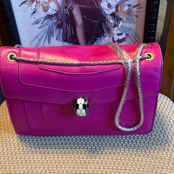 BVLGARI Handbags - Bulgari Fuchsia Leather Shoulder Bag with Serpenti Head clasp